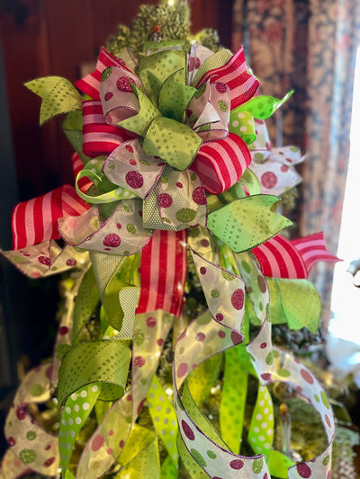 The Heidi Pink & Lime Green Whimsical Christmas Tree Topper Bow, bow for wreath, long streamer bow, Grinch bow, tree trimming bow