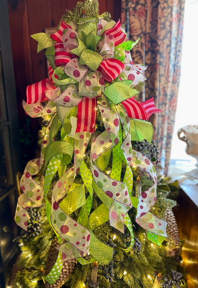 The Heidi Pink & Lime Green Whimsical Christmas Tree Topper Bow, bow for wreath, long streamer bow, Grinch bow, tree trimming bow