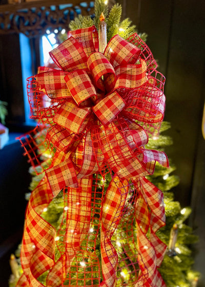 The Annie Red Tan & Green Country Christmas Tree Topper Bow