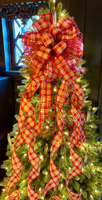 The Annie Red Tan & Green Country Christmas Tree Topper Bow