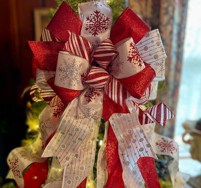 The Ilsa Red Silver & White XL Snowflake Christmas Tree Topper Bow, Tree trimming bow, long streamer bow, Ribbon topper, oversized bow