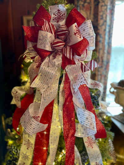 The Ilsa Red Silver & White XL Snowflake Christmas Tree Topper Bow, Tree trimming bow, long streamer bow, Ribbon topper, oversized bow