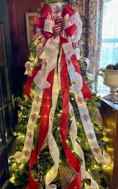 The Ilsa Red Silver & White XL Snowflake Christmas Tree Topper Bow, Tree trimming bow, long streamer bow, Ribbon topper, oversized bow