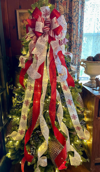 The Ilsa Red Silver & White XL Snowflake Christmas Tree Topper Bow, Tree trimming bow, long streamer bow, Ribbon topper, oversized bow