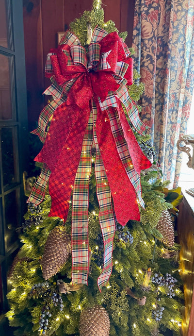 The Adele Red & Navy Plaid Christmas Tree Topper Bow, Luxury Bow, Xmas plaid, Traditional tartan bow for tree, Large ribbon topper