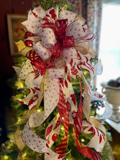 The Marietta Red White & Gold Christmas Tree Topper Bow, Tree trimming bow, Ribbon topper, retro bow, lantern bow, swag bow
