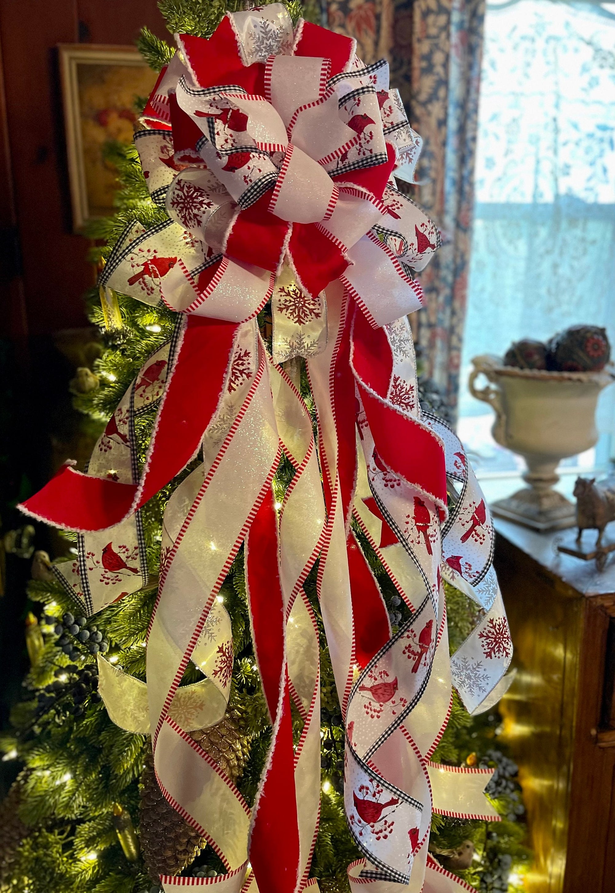 The Mariah red and white Christmas tree topper bow-bow with long strea -  Crested Perch