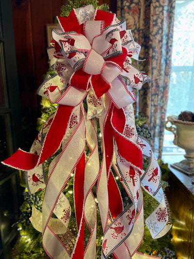 The Sarah Red Black & White Cardinal Christmas Tree Topper Bow