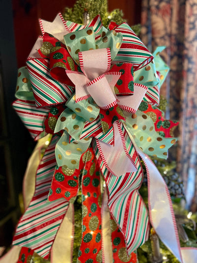The Paula Red Mint Green & White Christmas Tree Topper Bow
