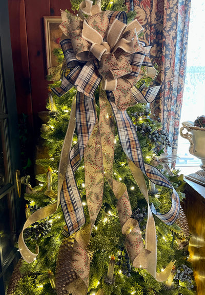 The Nora Beige & Navy Plaid Christmas Tree Topper Bow