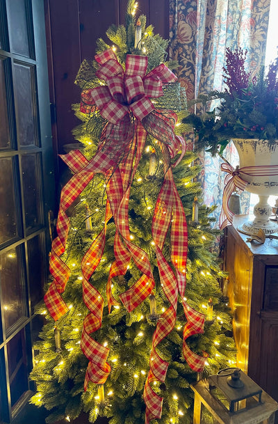 The Fannie Red Tan & Green Country Christmas Tree Topper Bow