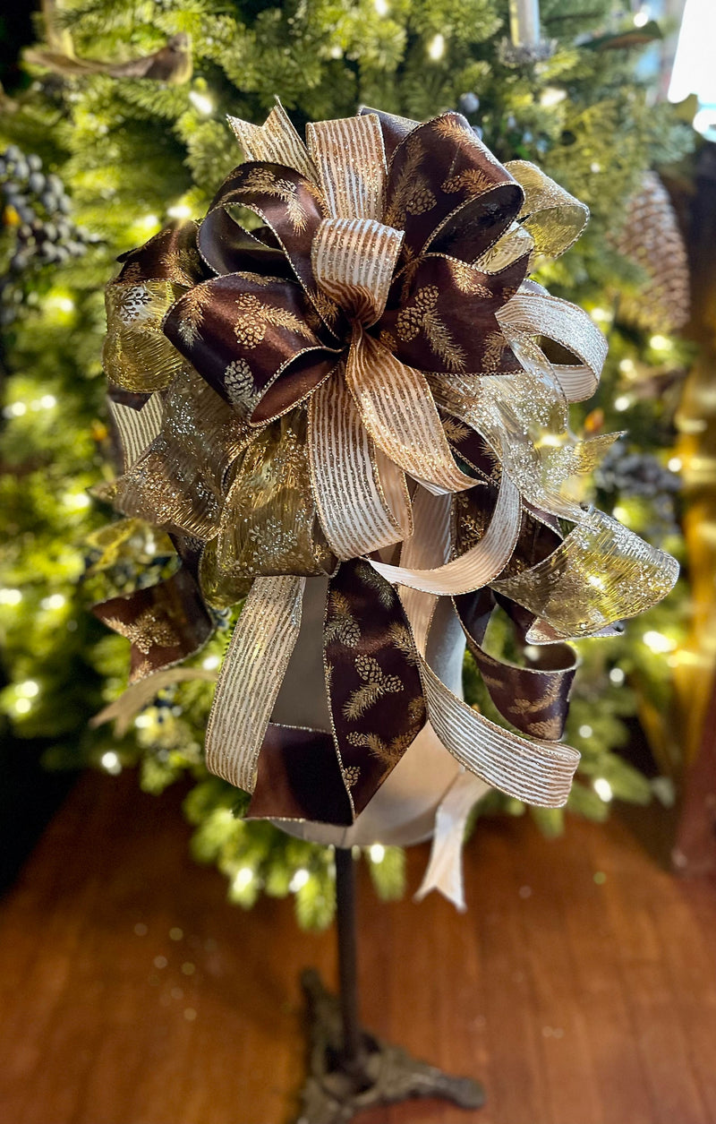 The Balsam Gold Christmas Tree Topper Bow~Xmas Bow for wreaths~Farmhouse elegant bow~Christmas Decor~Mailbox swag Bow~Lantern Bow~Xmas Decor