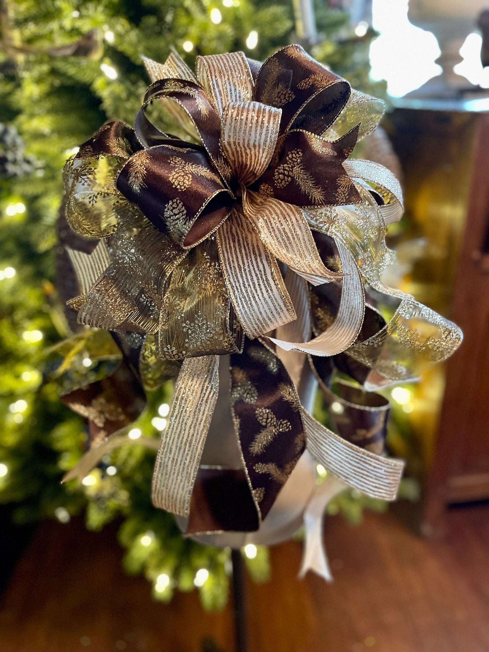 The Balsam Gold Christmas Tree Topper Bow~Xmas Bow for wreaths~Farmhouse elegant bow~Christmas Decor~Mailbox swag Bow~Lantern Bow~Xmas Decor