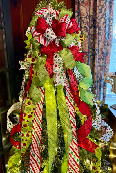 The Betty Lou Red Pink & Lime Green Whimsical Christmas Tree Topper Bow