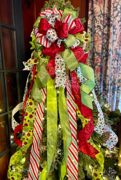 The Betty Lou Red Pink & Lime Green Whimsical Christmas Tree Topper Bow