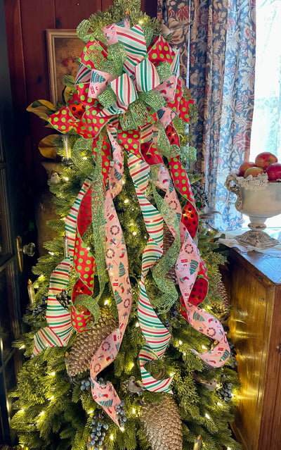 The Cindy Lou Red Pink & Green Whimsical Christmas Tree Topper Bow