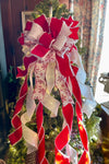 The Robin Red & White Snowflake Christmas Tree Topper Bow, Winter Bow for wreath, Xmas snowflake Bow, Farmhouse Bow, ribbon topper