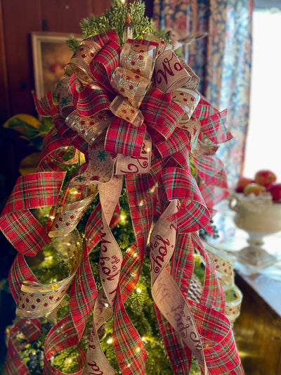 The Joy Red Green & Gold Christmas Tree Topper Bow, long streamer bow, wreath bow, Xmas Bow, tree trimming, ribbon topper, big plaid bow