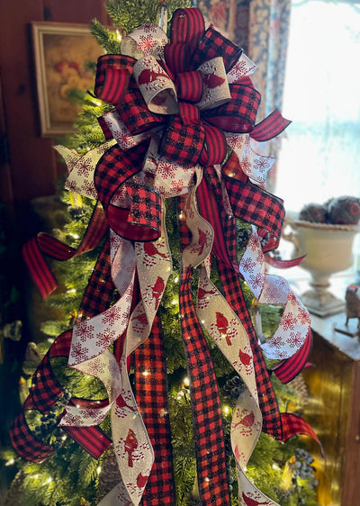 The Chelsey Red Black & White Cardinal Christmas Tree Topper Bow, XXL oversized Bow, Xmas check Bow, Farmhouse Cottage Bow, ribbon topper