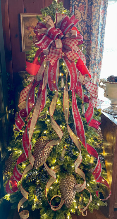 The Charity Beige & Red Christmas Tree Topper Bow, XL Bow, Xmas plaid, bow for tree, ribbon topper, modern farmhouse bow