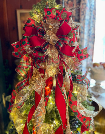 The Joyeux Red & Green Whimsical Polka Dot Christmas Tree Topper Bow
