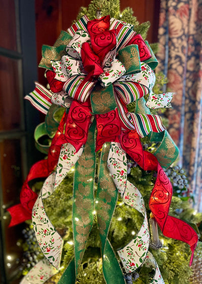 The Erin Red Green & White Christmas Tree Topper Bow