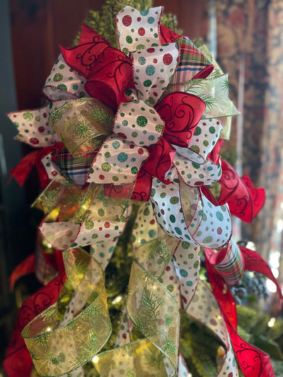 The Sue Ellen Red White & Green Whimsical Christmas Tree Topper Bow, XL Tree bow, long streamer bow, Grinch bow, tree trimming bow