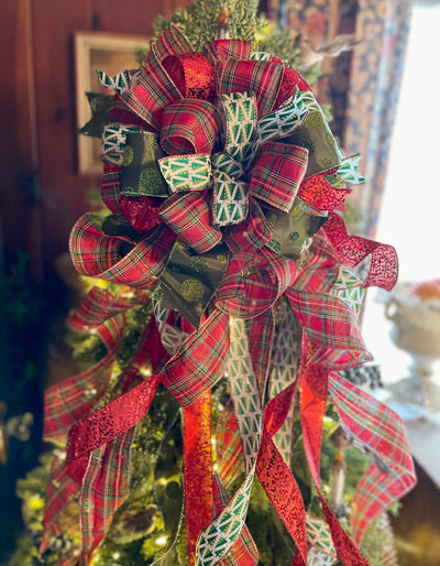 The Becca XL Red Green & Gold Plaid Christmas Tree Topper Bow