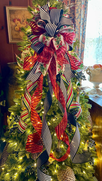The Imogene Red Green & White Christmas Tree Topper Bow