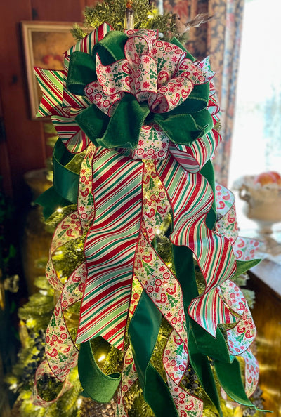 The Greta Red Green & White Christmas Tree Topper Bow