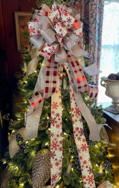 The Brenda Cranberry Red Tan & Gold Snowflake Christmas Tree Topper Bow, Tree trimming bow, long streamer bow, Ribbon topper, winter bow