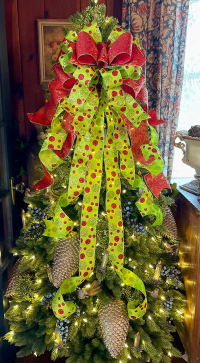The Joanne Red & Lime Green Polka Dot Christmas Tree Topper Bow, bow for wreath, long streamer bow, Grinch bow, tree trimming bow