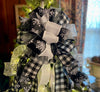 The Dasha Silver Black & White Christmas Tree Topper Bow, Bow for wreaths, tree trimming bow, long streamer bow, snowflake bow