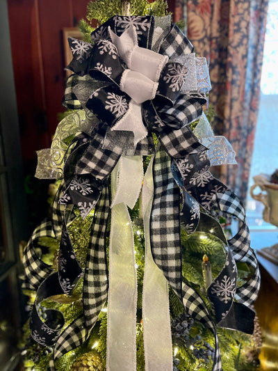 The Dasha Silver Black & White Christmas Tree Topper Bow, Bow for wreaths, tree trimming bow, long streamer bow, snowflake bow