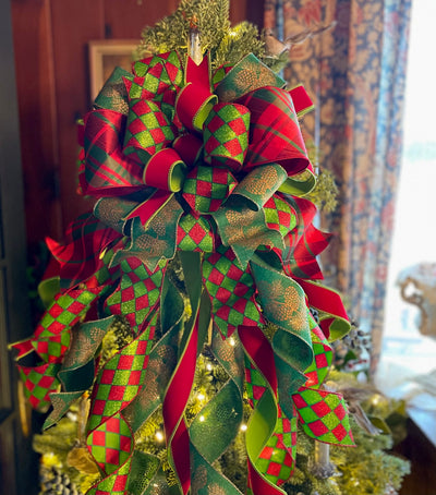 The Gem Red & Green Elegant Christmas Tree Topper Bow