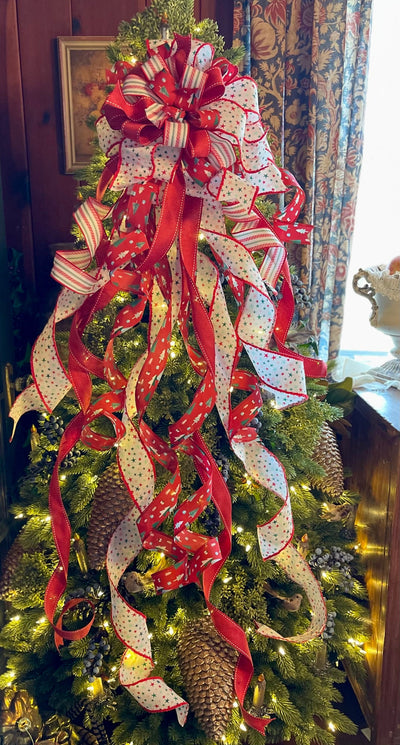 The Mena Red Green & white Christmas Tree Topper Bow, Extra long Bow, Xmas bow, Farmhouse Cottage Bow, ribbon topper, tree trimming bow