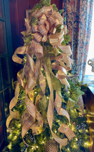 The Antoinette Pink Sage Green & Rose Gold Christmas Tree Topper Bow, pastel bow, Xmas bow, girlie Bow, ribbon topper, tree trimming bow