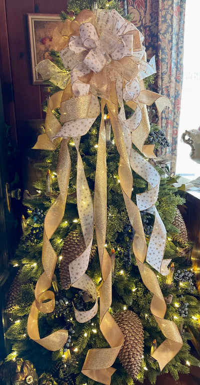 The Eliza White & Gold Christmas Tree Topper Bow~Bow for wreaths~Xmas bow for lantern~large bow~long streamer bow~mailbox decor