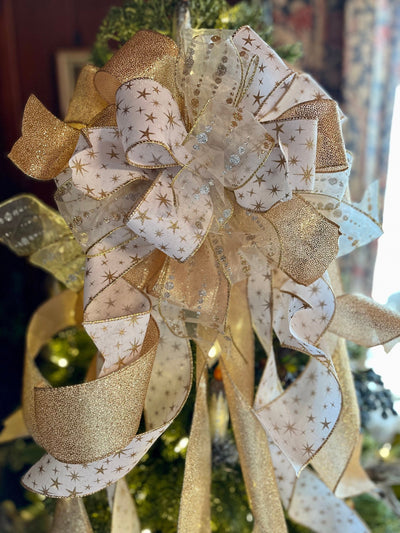 The Eliza White & Gold Christmas Tree Topper Bow~Bow for wreaths~Xmas bow for lantern~large bow~long streamer bow~mailbox decor