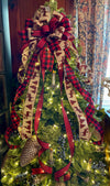The Georgianna Buffalo Check Christmas Tree Topper Bow, Rustic Farmhouse Bow for wreaths, Red & Black Country ribbon topper, tree trimming
