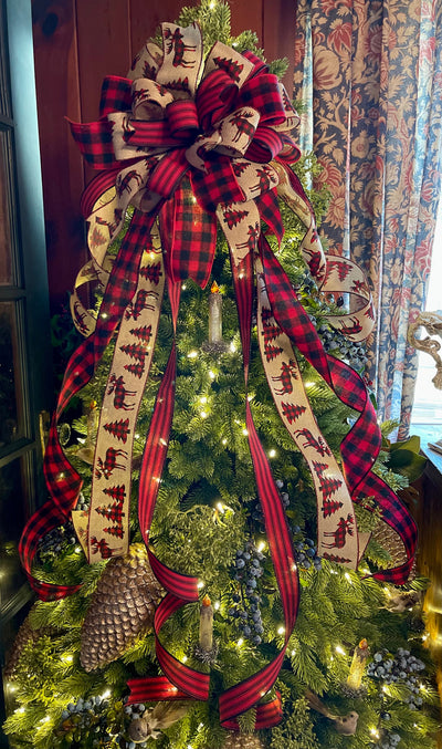 The Georgianna Buffalo Check Christmas Tree Topper Bow, Rustic Farmhouse Bow for wreaths, Red & Black Country ribbon topper, tree trimming