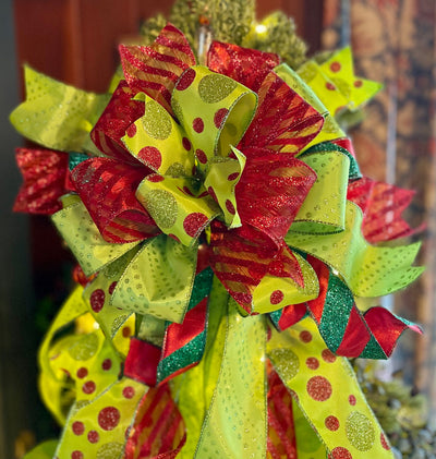 The Mayzie Red & Lime Green Polka Dot Christmas Tree Topper Bow, bow for wreath, long streamer bow, Grinch bow, tree trimming