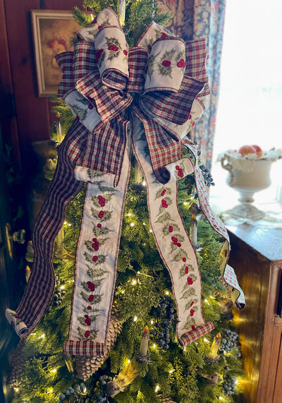 The Jane Cranberry Red & Green plaid Christmas Tree Topper Bow, XL bow for wreaths, oversized bow, lamppost bow, Long streamer classic bow