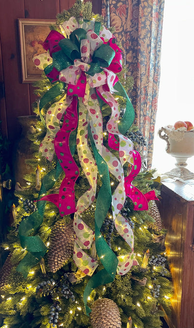 The Barbie Fuchsia Pink & Lime Green Whimsical Christmas Tree Topper Bow, bow for wreath, long streamer bow, Grinch bow, tree trimming bow