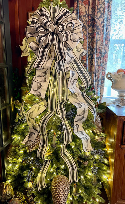 The Chauncey Cream & Black Pheasant luxury Christmas Tree Topper Bow, ribbon tree topper, XL topper for christmas tree, Bird hunting bow