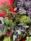 The Audrey Rustic Red & Green Evergreen and Fruit Christmas Wreath For Front Door, Farmhouse Pine berry winter wreath, black white check