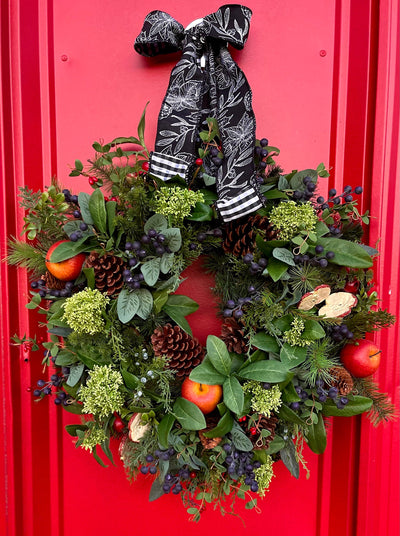 The Audrey Rustic Red & Green Evergreen and Fruit Christmas Wreath For Front Door, Farmhouse Pine berry winter wreath, black white check