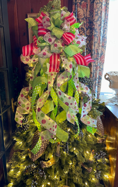 The Heidi Pink & Lime Green Whimsical Christmas Tree Topper Bow, bow for wreath, long streamer bow, Grinch bow, tree trimming bow