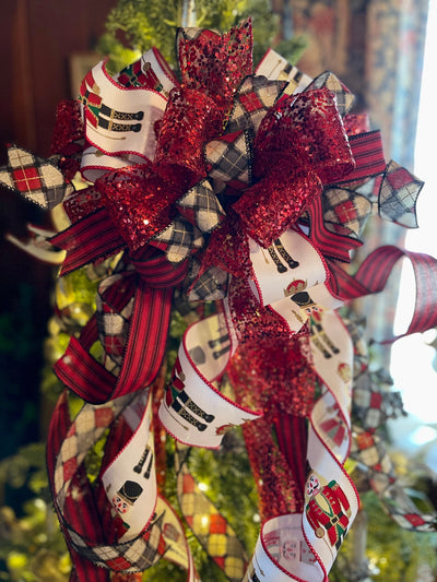 The Fritz Cranberry Red Black & white Christmas Tree Topper Bow, Tree trimming bow, Xmas bow, nutcracker bow, ribbon topper
