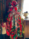 The Lorelei Red & Green Nutcracker XXXL Christmas Tree Topper Bow, Christmas tree trimming bow, XL long streamer bow, christmas decor